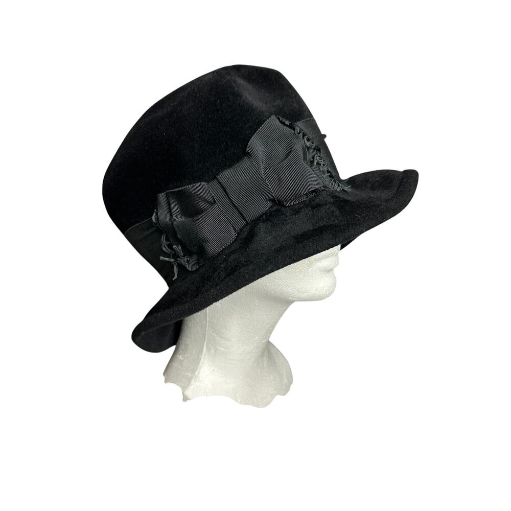 Vintage Florence cloche hat black velvet large bow Nagy Hute bucket steampunk